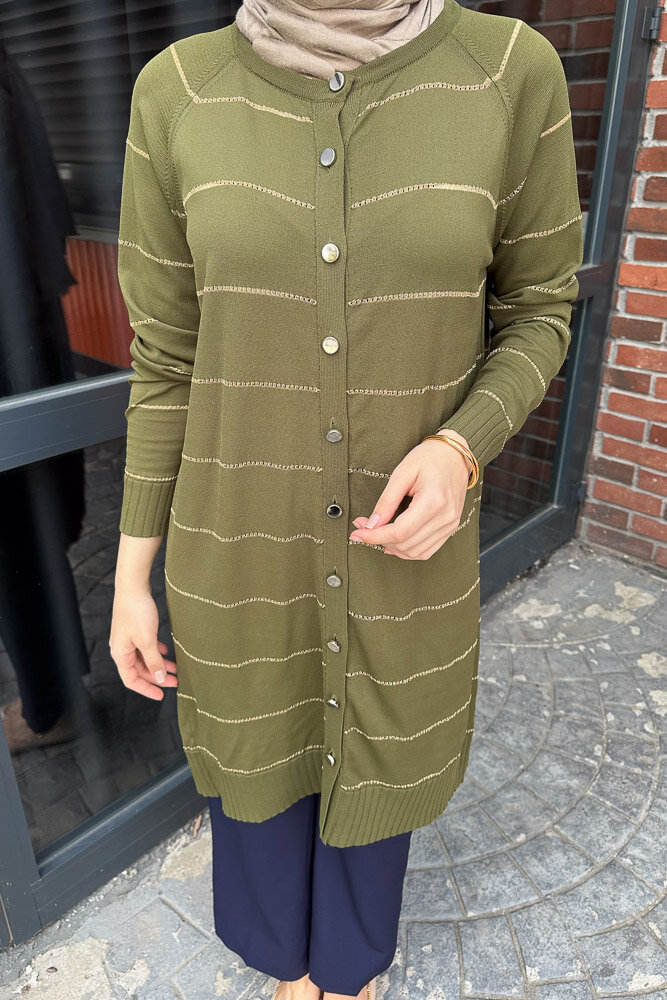 Çizgili Triko Hırka - Haki - PUANE (1)