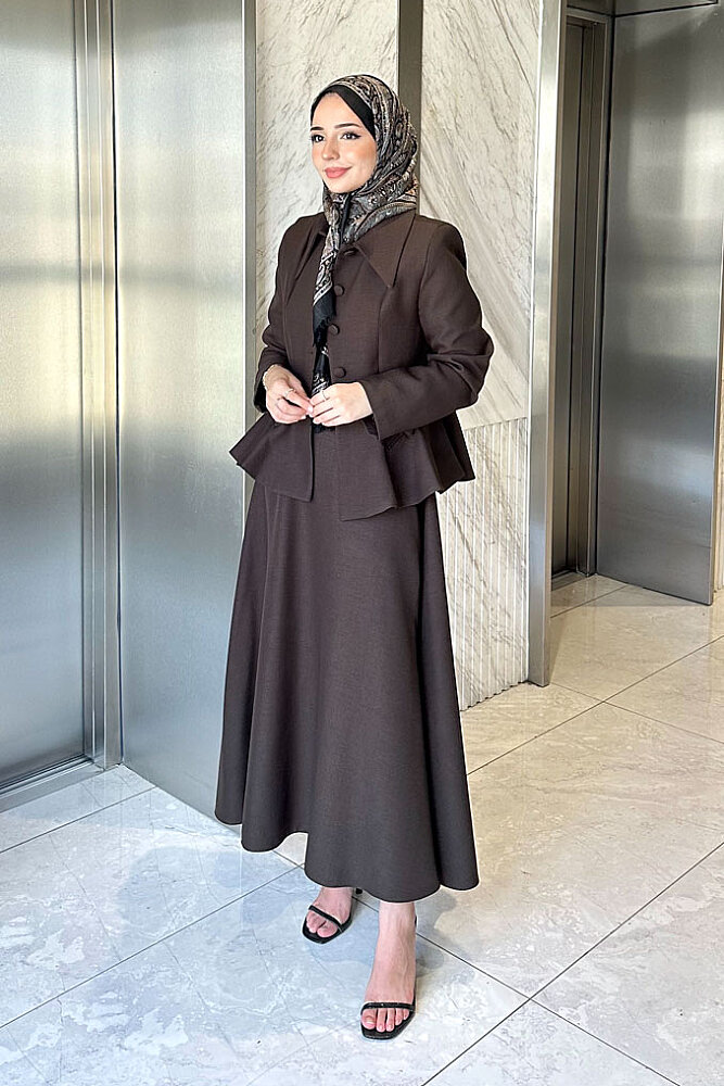 Clara Kruvaze Görünümlü Volanlı Etek Takım - Kahverengi - LİNE (0)