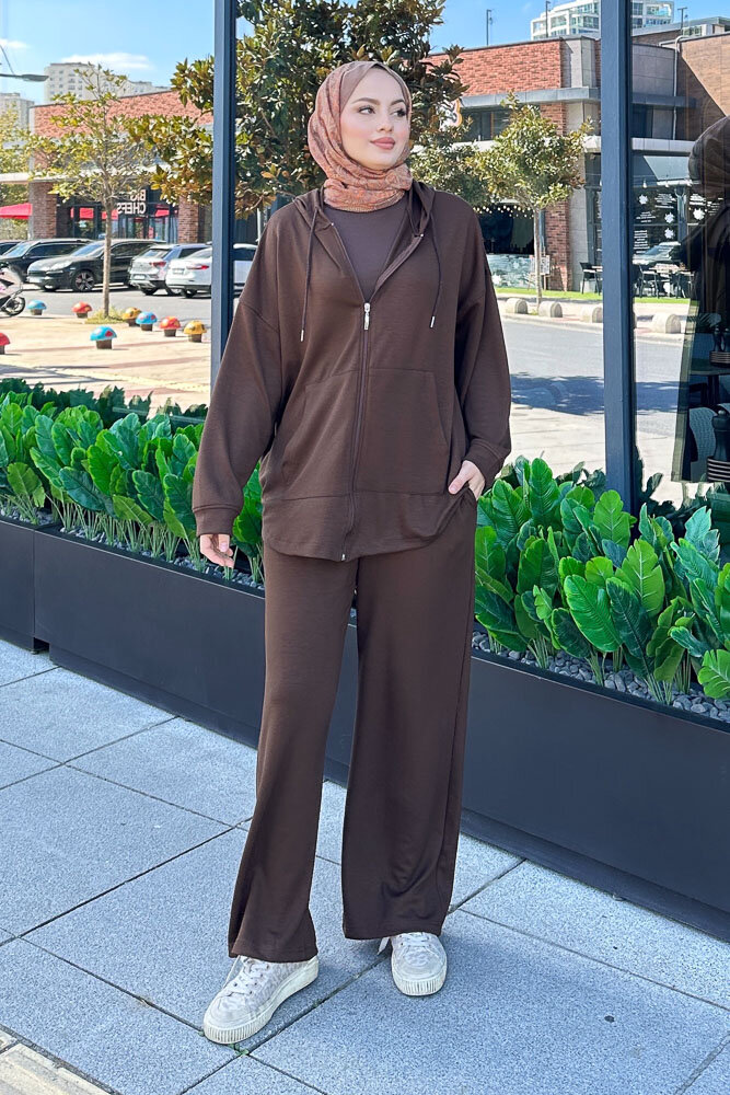 Clyra Kapüşonlu Fermuarlı Spor Takım - Kahverengi - ENMA (2)
