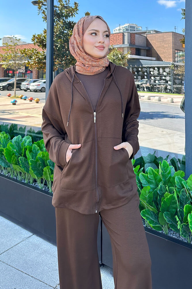Clyra Kapüşonlu Fermuarlı Spor Takım - Kahverengi - ENMA (1)