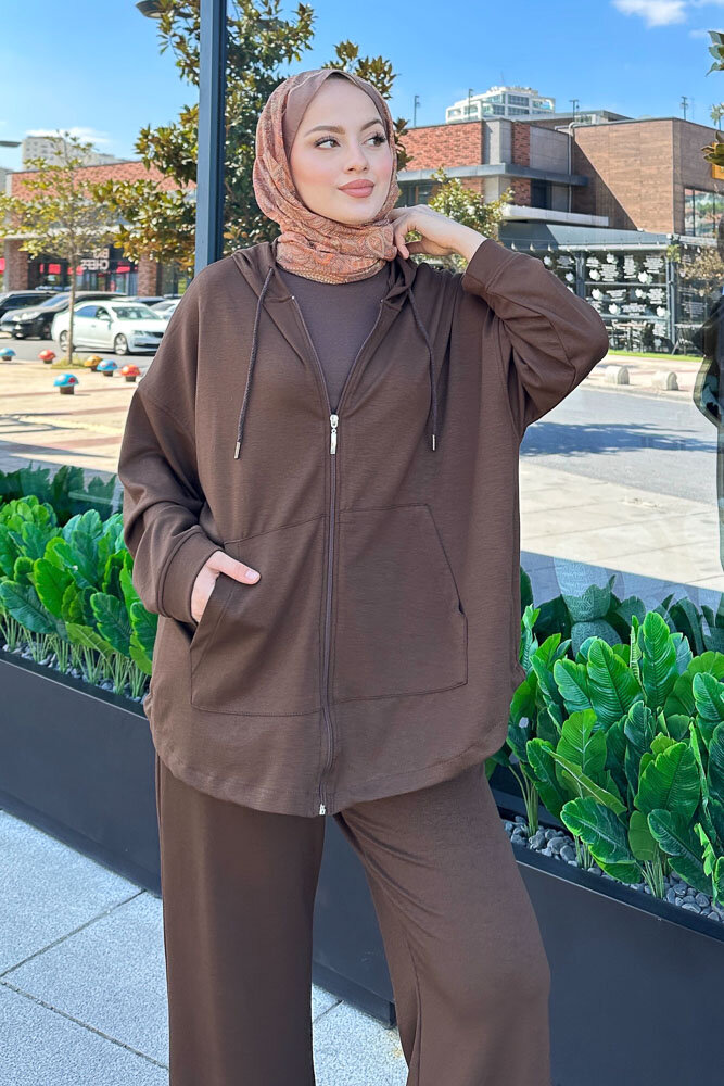 Clyra Kapüşonlu Fermuarlı Spor Takım - Kahverengi - ENMA (4)