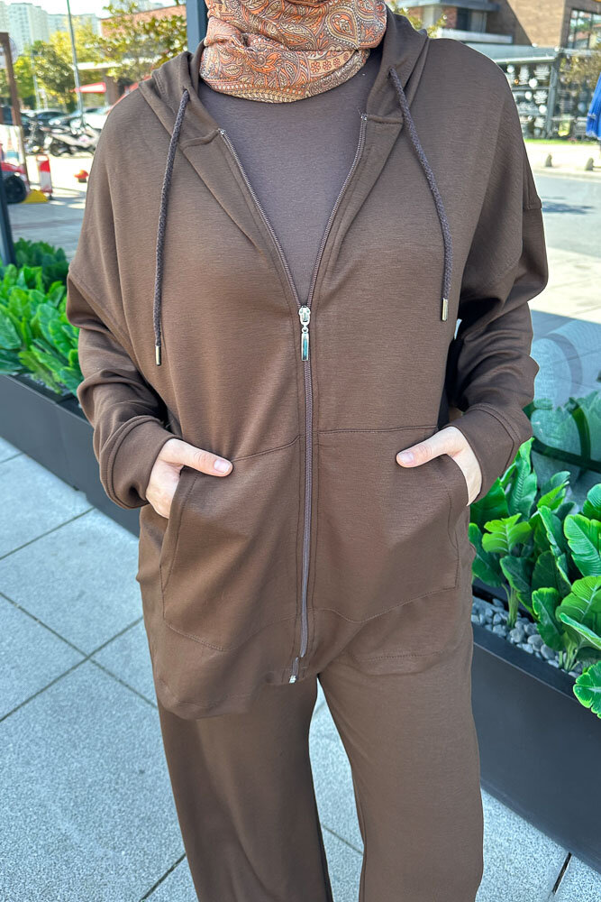 Clyra Kapüşonlu Fermuarlı Spor Takım - Kahverengi - ENMA (3)