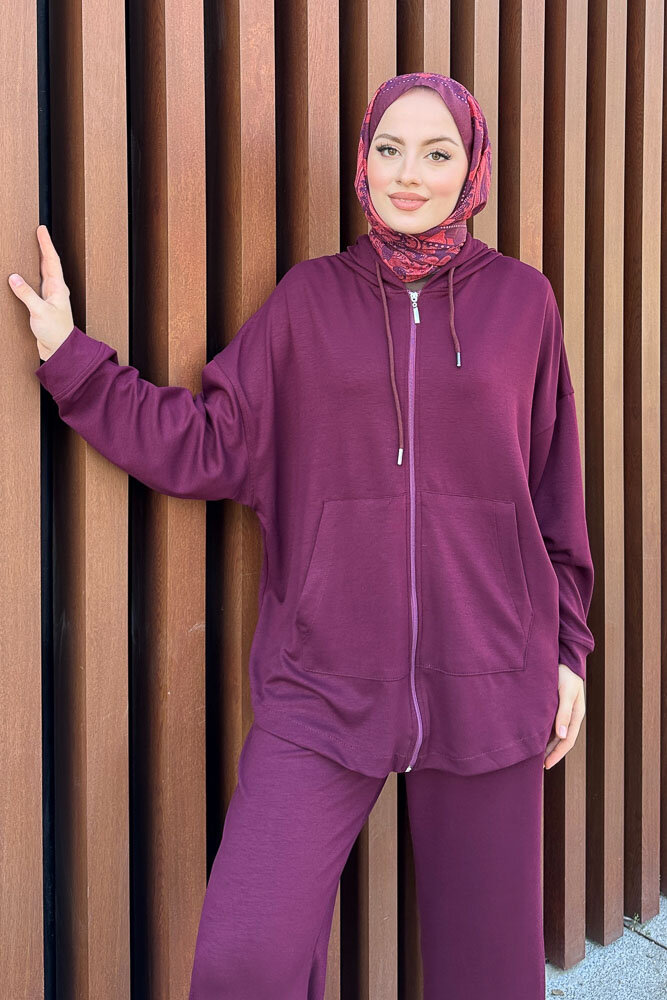 Clyra Kapüşonlu Fermuarlı Spor Takım - Mürdüm - 7