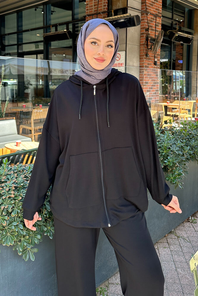 Clyra Kapüşonlu Fermuarlı Spor Takım - Siyah - 3