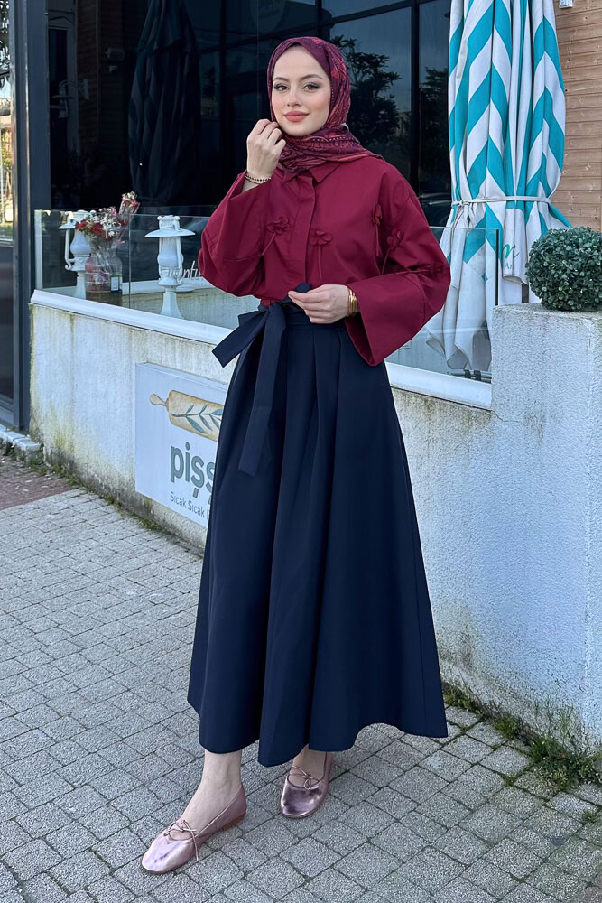 Dantel Çiçekli Kısa Gömlek - Bordo - 5