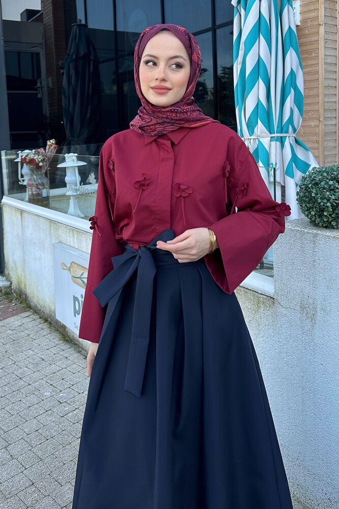 Dantel Çiçekli Kısa Gömlek - Bordo 