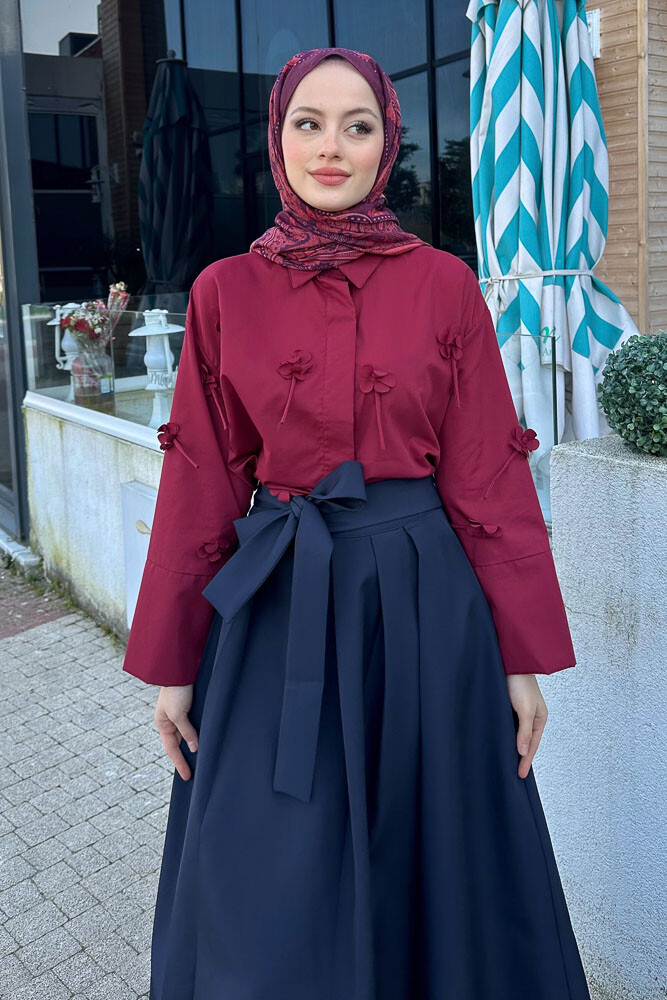 Dantel Çiçekli Kısa Gömlek - Bordo - 6