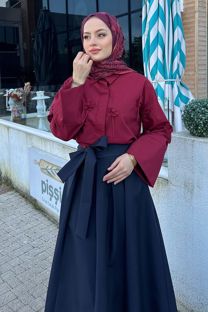Dantel Çiçekli Kısa Gömlek - Bordo - 7
