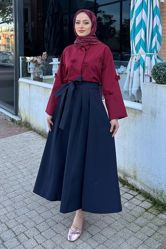 Dantel Çiçekli Kısa Gömlek - Bordo - 8