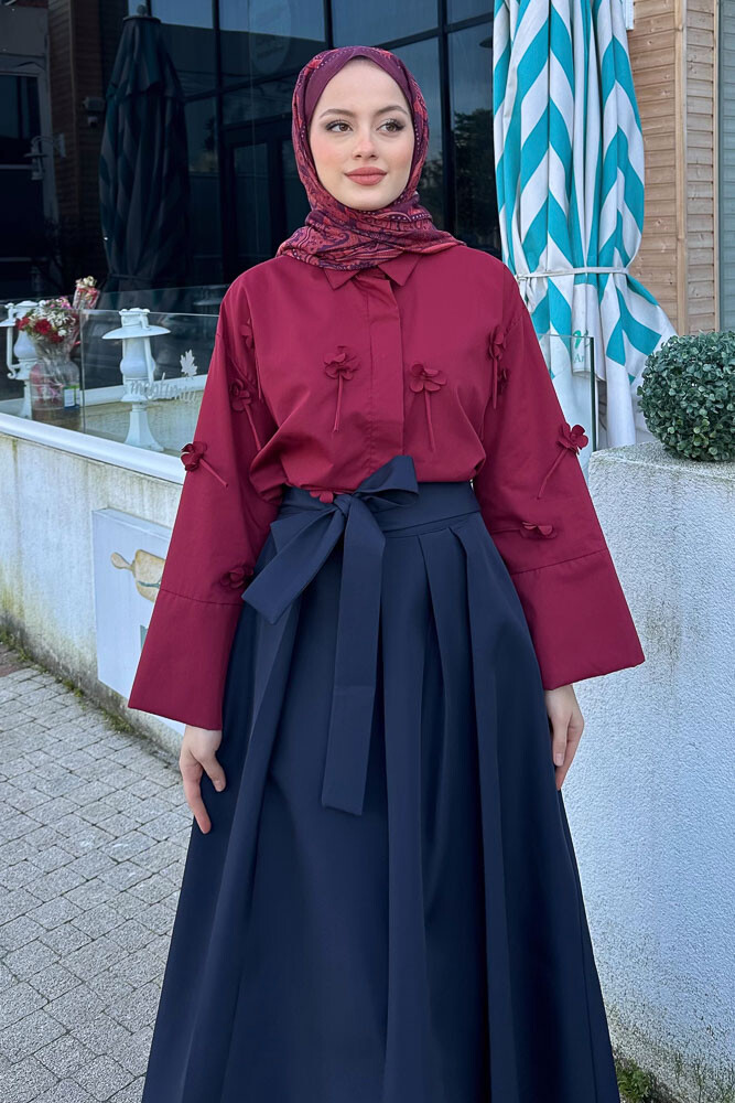 Dantel Çiçekli Kısa Gömlek - Bordo - 4