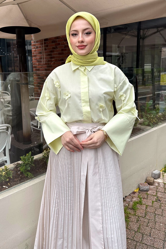 Dantel Çiçekli Kısa Gömlek - Sarı - HENZA (5)