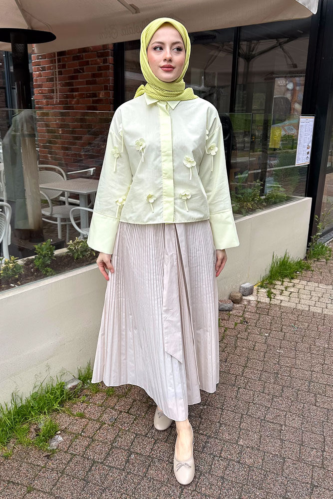 Dantel Çiçekli Kısa Gömlek - Sarı - HENZA (2)