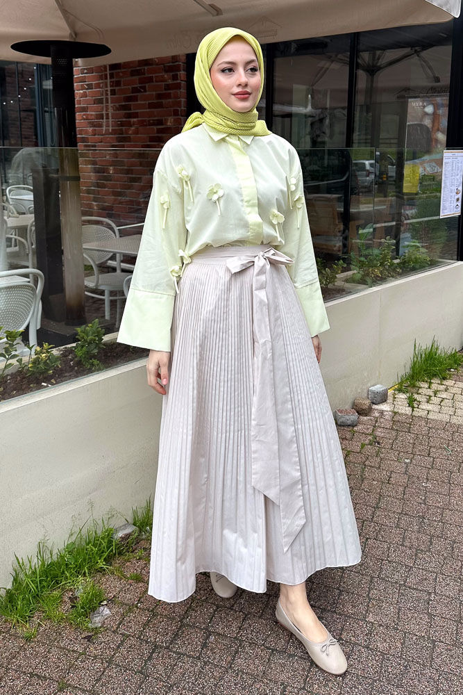 Dantel Çiçekli Kısa Gömlek - Sarı - HENZA (6)