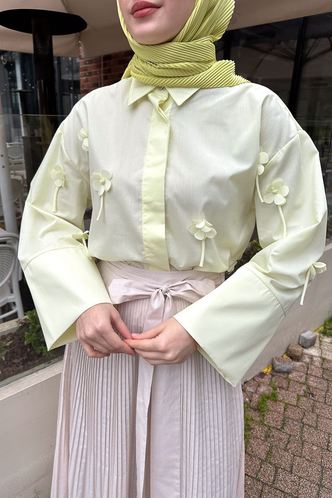 Dantel Çiçekli Kısa Gömlek - Sarı - HENZA (3)