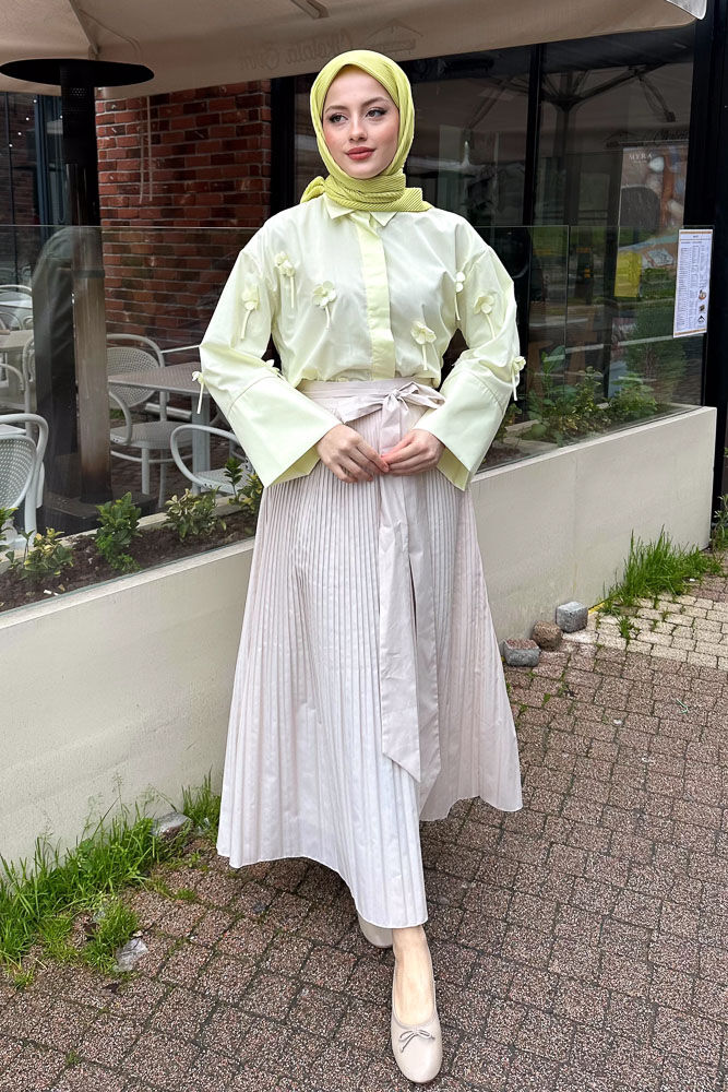 Dantel Çiçekli Kısa Gömlek - Sarı - HENZA (4)