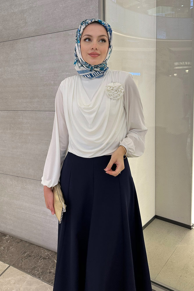 Degaje Yaka Şık Bluz - Ekru - 6