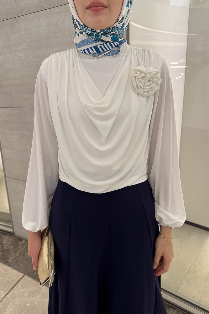 Degaje Yaka Şık Bluz - Ekru - 4