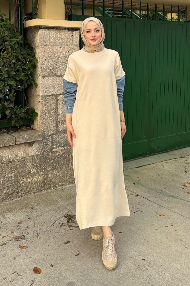Denim Detaylı Triko Elbise - Bej - 1