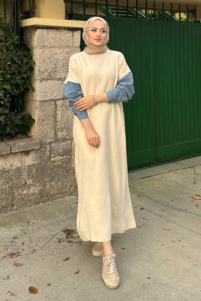 Denim Detaylı Triko Elbise - Bej - 5