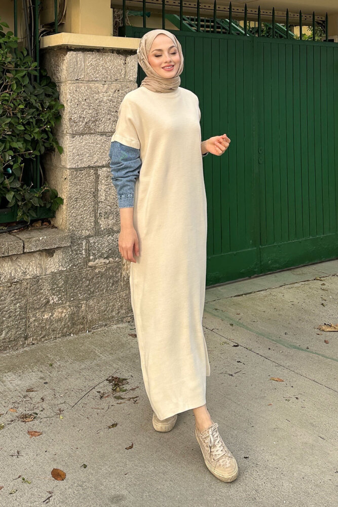 Denim Detaylı Triko Elbise - Bej - 6