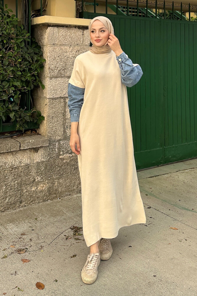 Denim Detaylı Triko Elbise - Bej - QUB (1)
