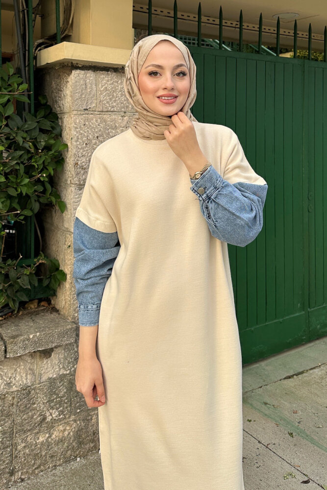 Denim Detaylı Triko Elbise - Bej - 3