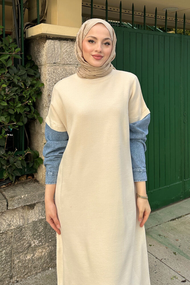 Denim Detaylı Triko Elbise - Bej - 7