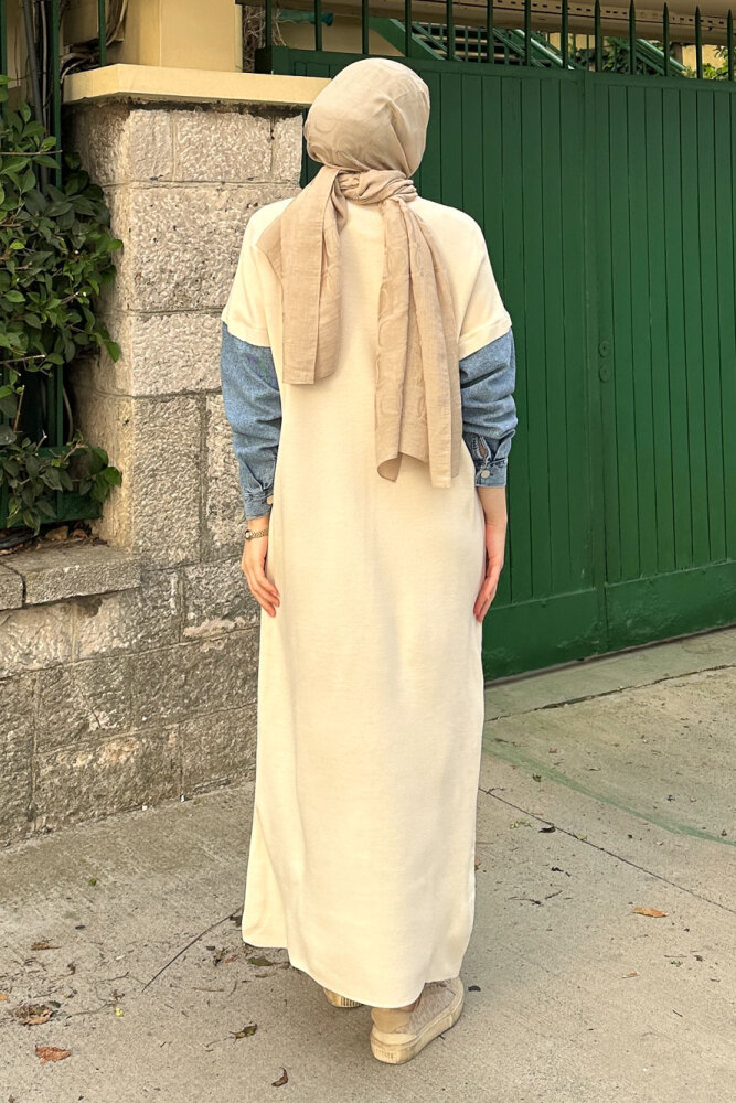 Denim Detaylı Triko Elbise - Bej - 8