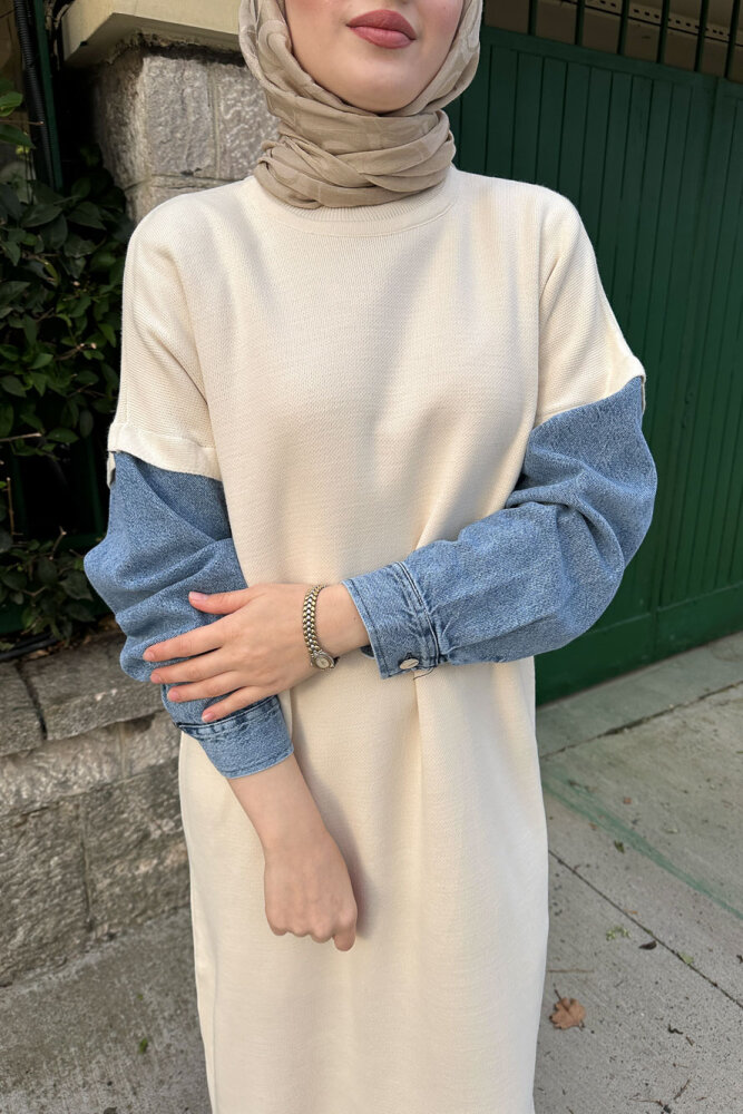 Denim Detaylı Triko Elbise - Bej - 4