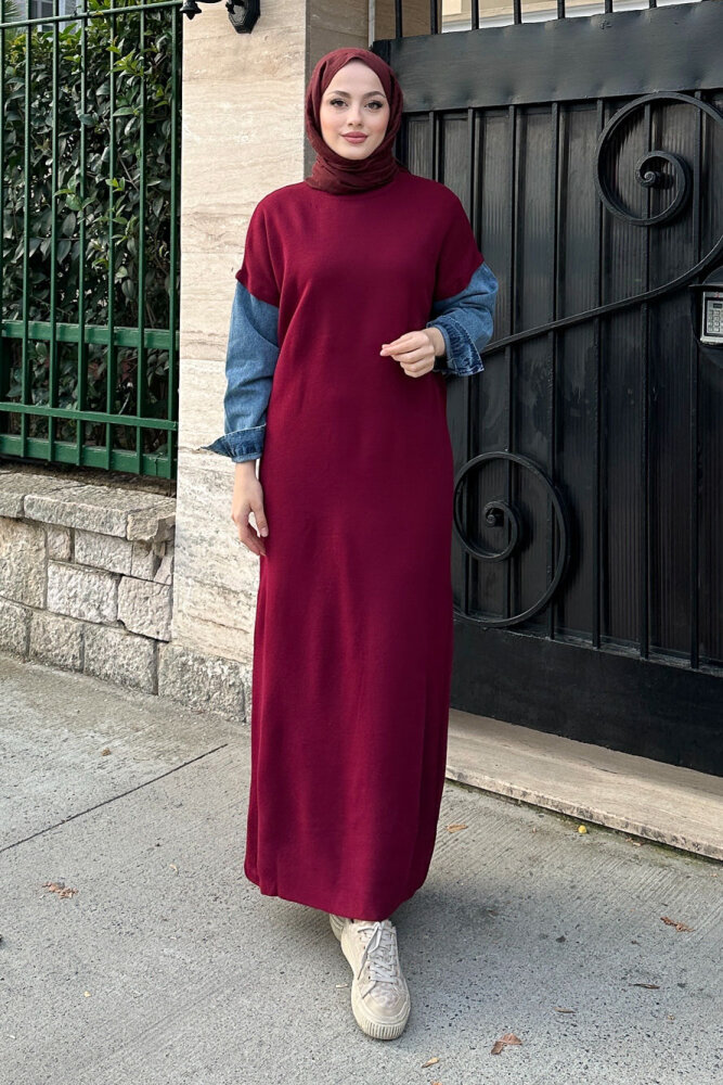Denim Detaylı Triko Elbise - Bordo - 4