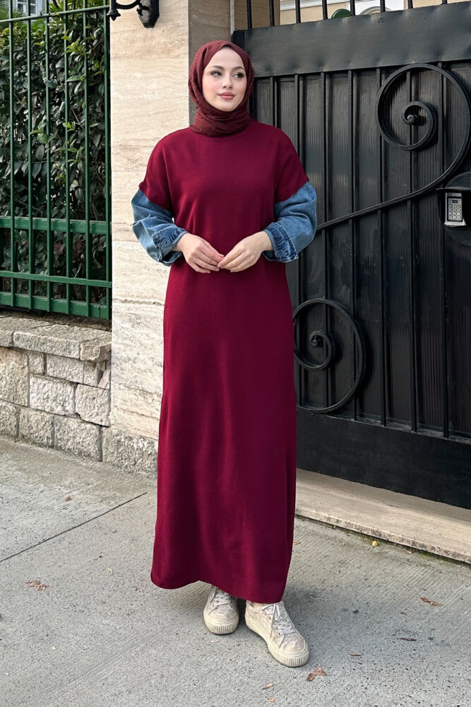 Denim Detaylı Triko Elbise - Bordo - 5