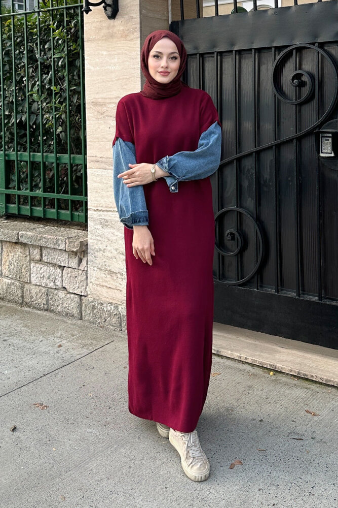 Denim Detaylı Triko Elbise - Bordo - 1