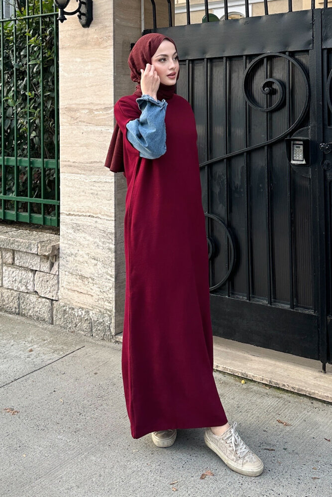Denim Detaylı Triko Elbise - Bordo - 6