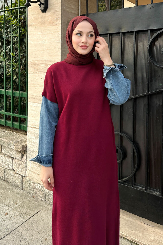 Denim Detaylı Triko Elbise - Bordo - QUB (1)