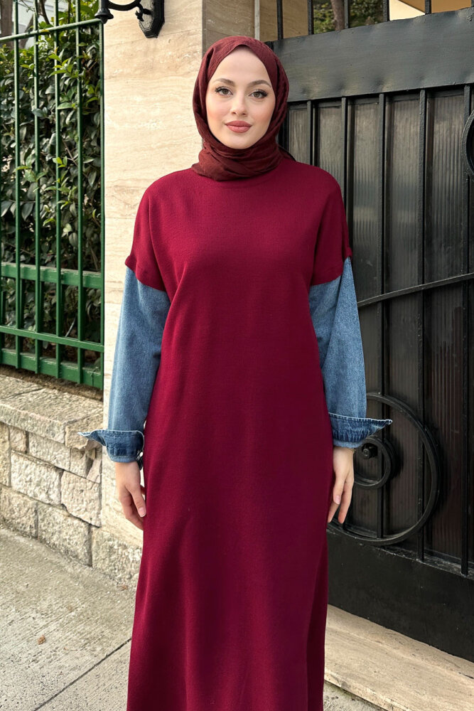 Denim Detaylı Triko Elbise - Bordo - 7