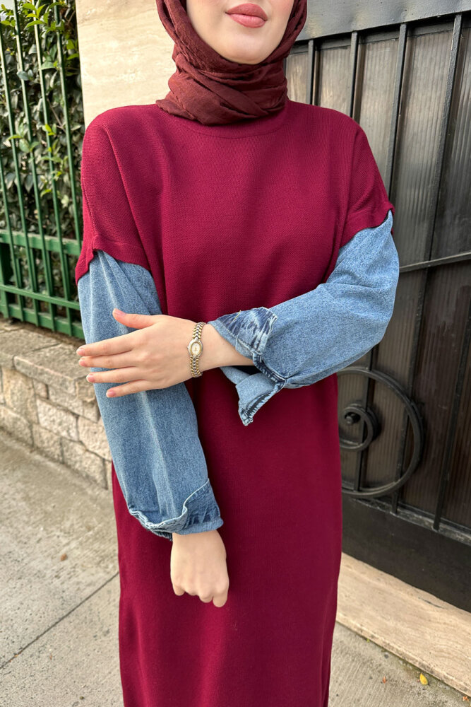 Denim Detaylı Triko Elbise - Bordo - 3