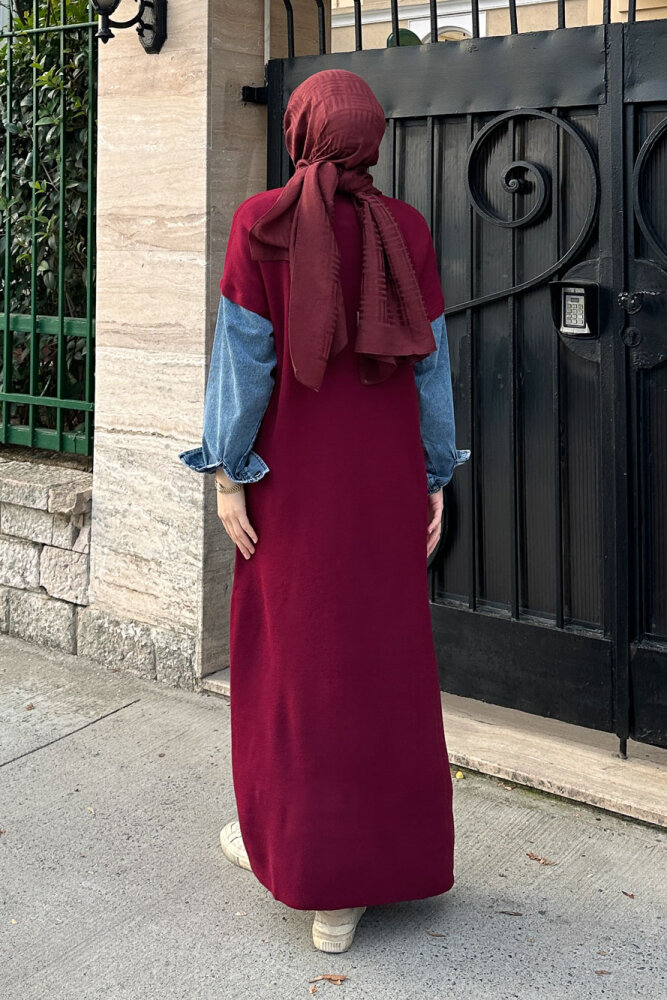 Denim Detaylı Triko Elbise - Bordo - 8