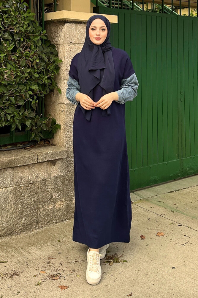 Denim Detaylı Triko Elbise - Lacivert - 4