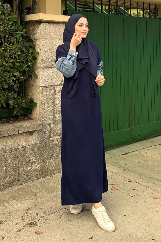 Denim Detaylı Triko Elbise - Lacivert - 5