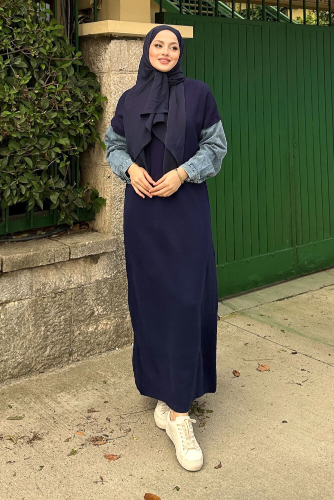 Denim Detaylı Triko Elbise - Lacivert - 1