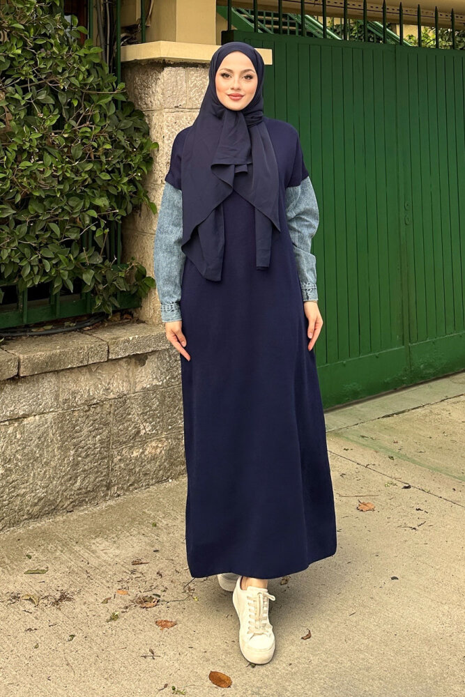 Denim Detaylı Triko Elbise - Lacivert - 7