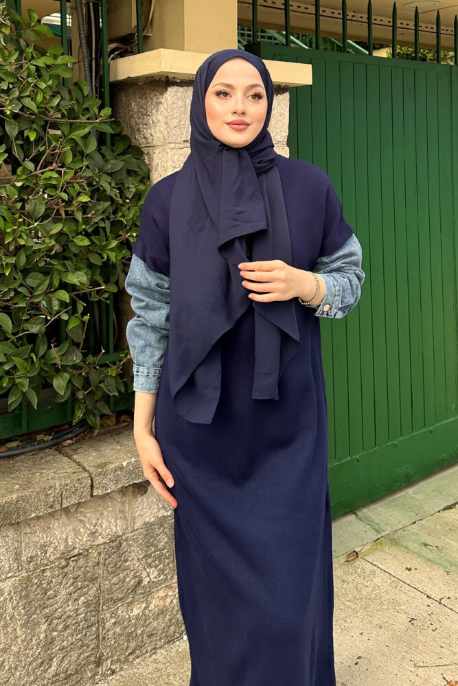 Denim Detaylı Triko Elbise - Lacivert - QUB (1)