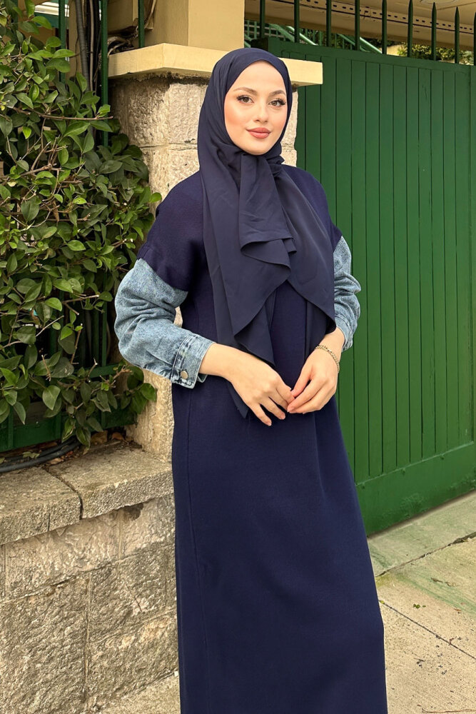 Denim Detaylı Triko Elbise - Lacivert - 6
