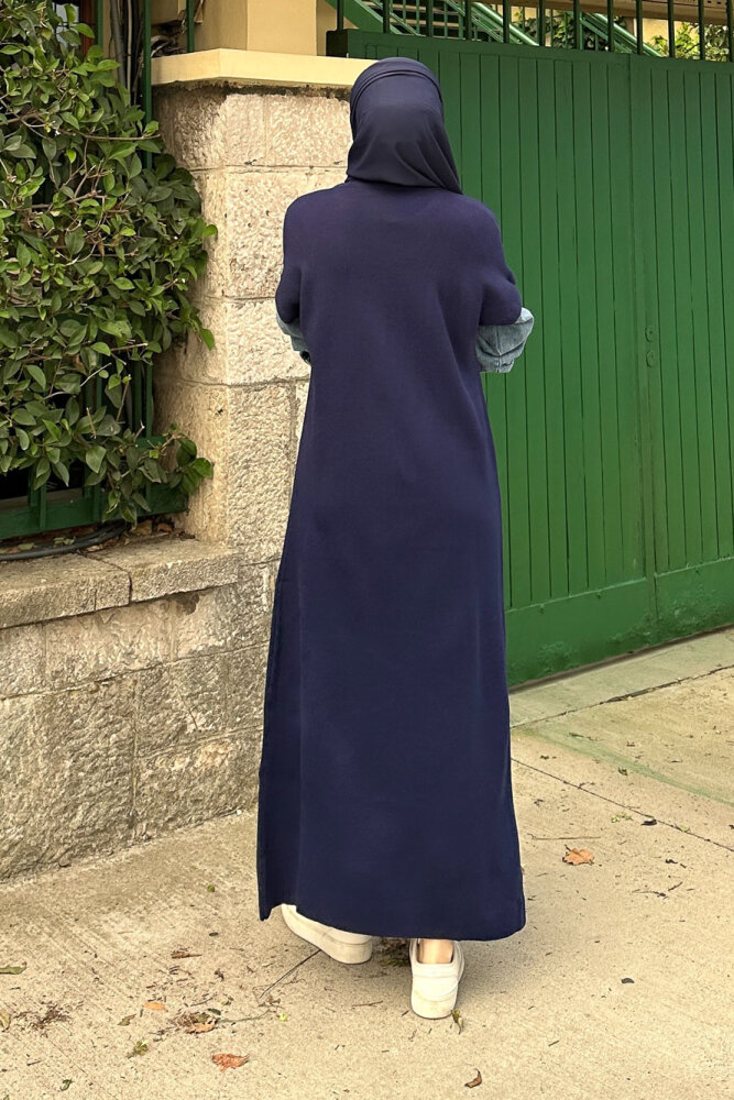 Denim Detaylı Triko Elbise - Lacivert - 8