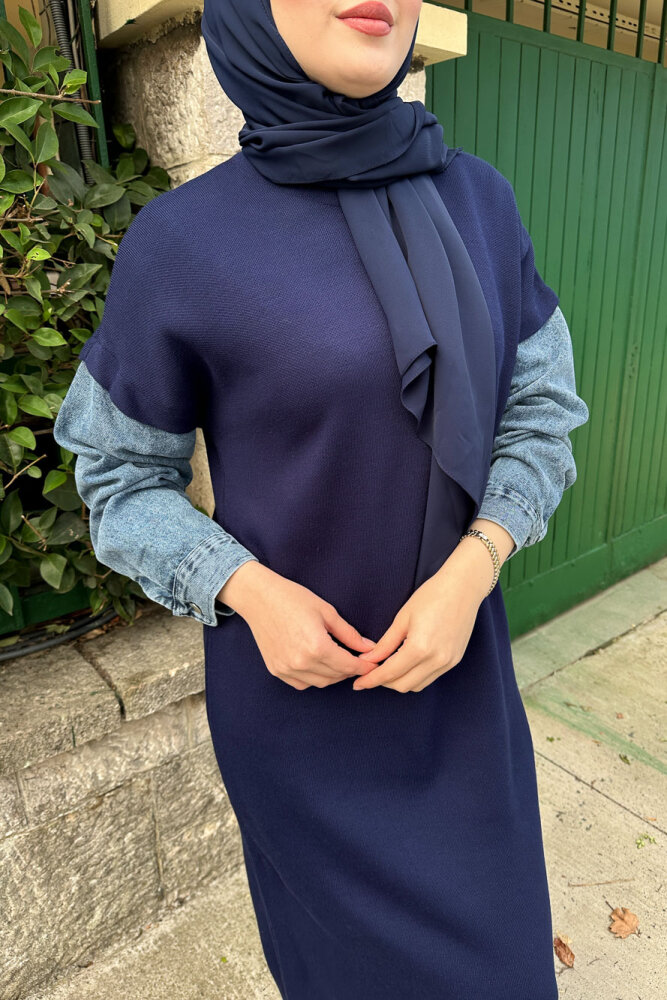 Denim Detaylı Triko Elbise - Lacivert - 3