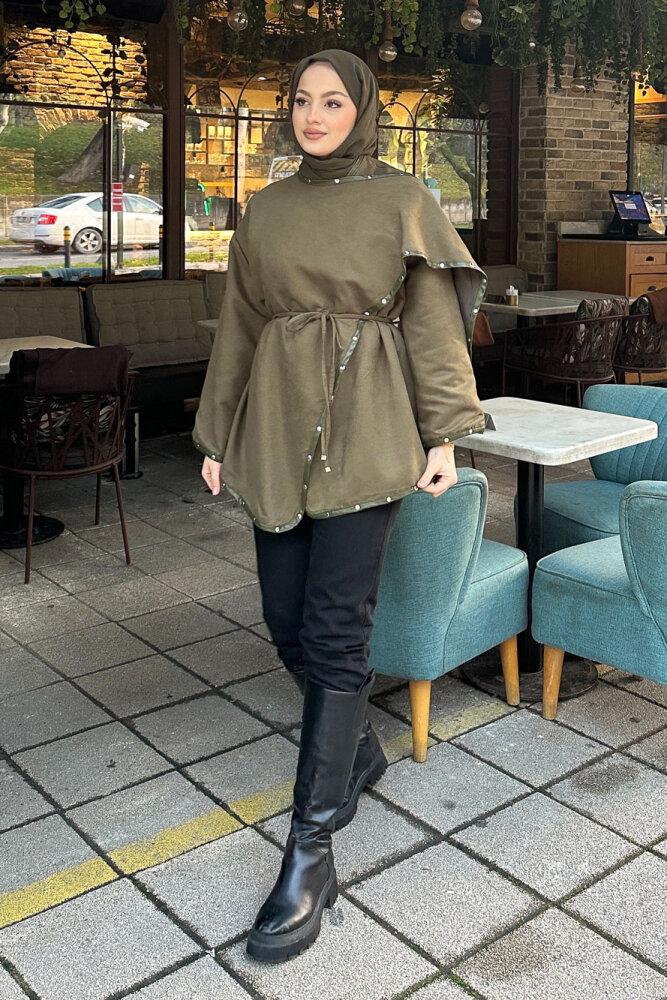 Deri Detaylı Nubuk Ceket - Haki - 3