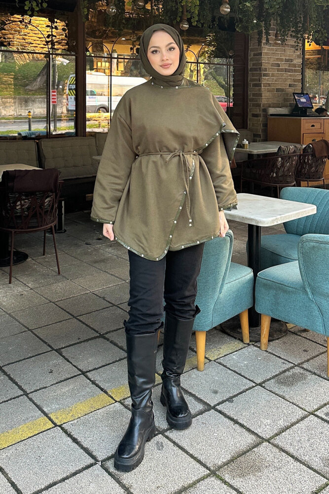 Deri Detaylı Nubuk Ceket - Haki - 2