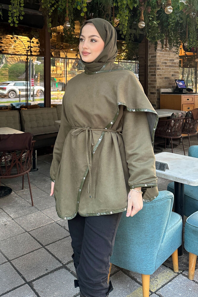 Deri Detaylı Nubuk Ceket - Haki - 4