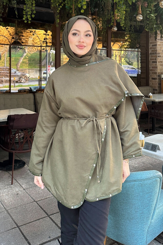 Deri Detaylı Nubuk Ceket - Haki - 6