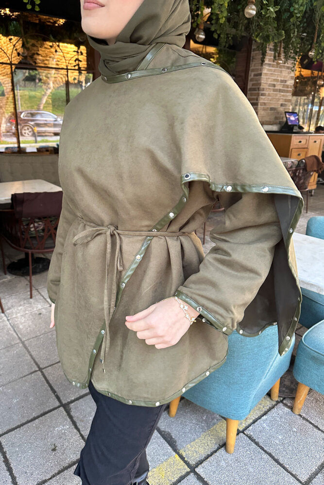 Deri Detaylı Nubuk Ceket - Haki - 5